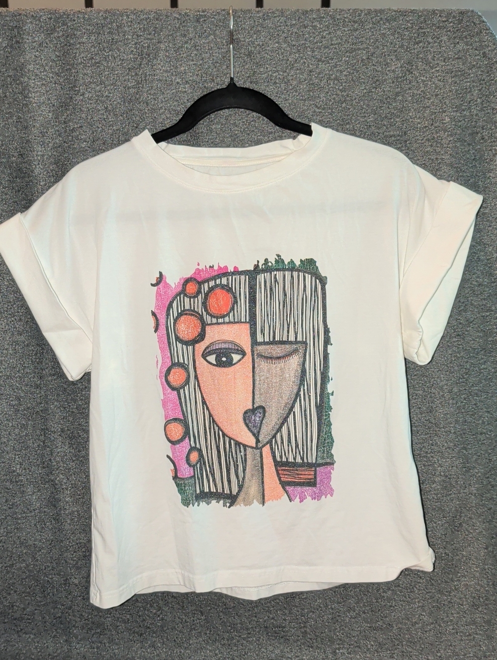 White Graphic Women’s Tee with Abstract Face Art